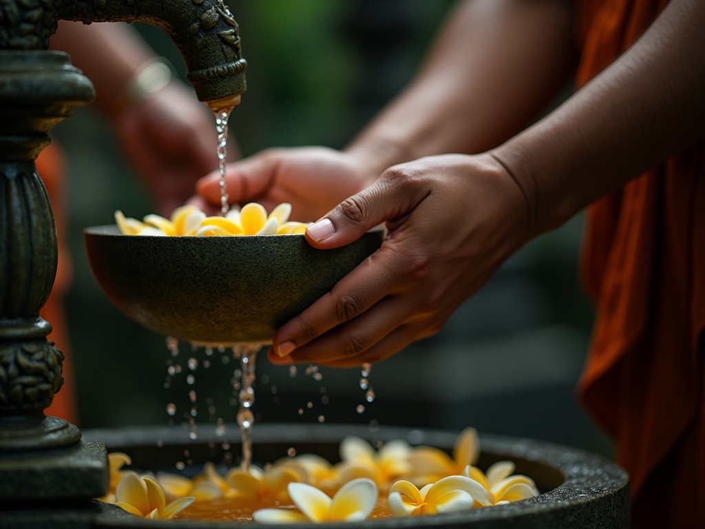Hands cupping water beneath a carved stone spout during a melukat purification ritual
