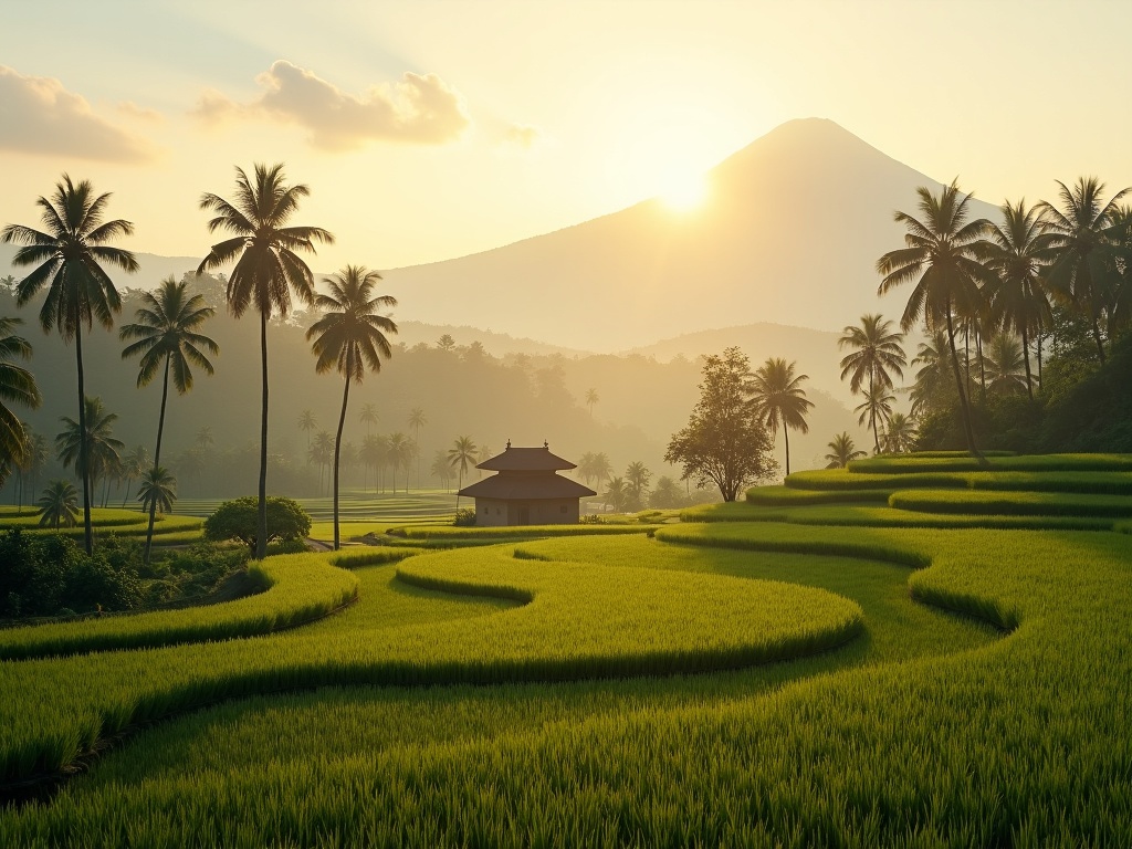 Terraced rice fields of Sidemen valley with Mount Agung in the distance at soft morning light