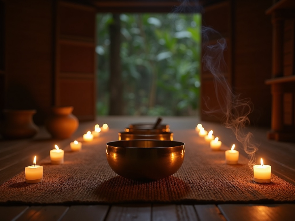 Brass singing bowls and woven mat set for a sound-healing session in an open Balinese pavilion