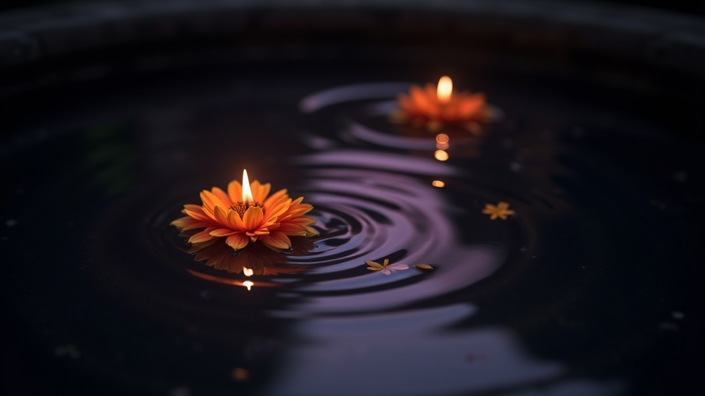 Still misty spring-water purification pool at a Balinese temple at dawn with floating flower petals